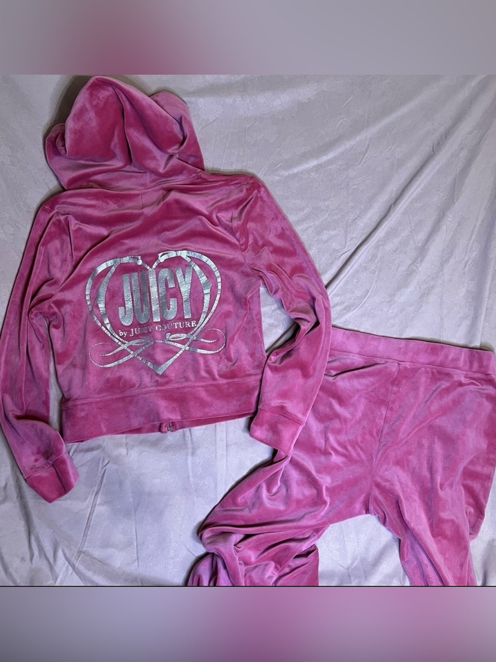 Juicy by Juicy Couture Pink Velour Tracksuit M Heart Graphic Logo Matching Set